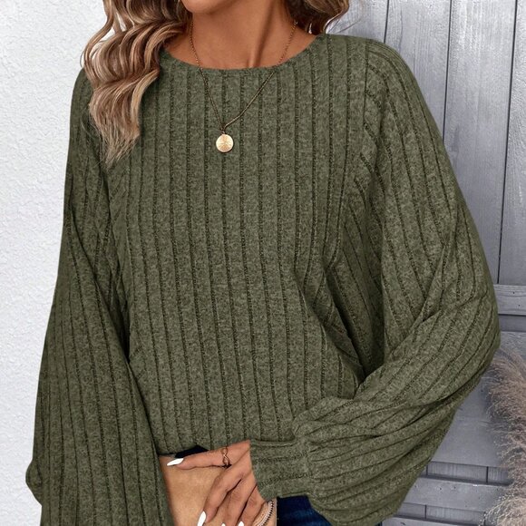 Tops - Green Casual Women's Apricot Loose Rib Knit Long Sleeve Sweatshirt